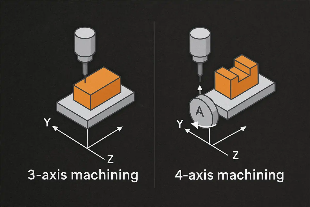 3-axis vs 4-axis CNC machining: XYZ milling compared with A-axis rotary positioning