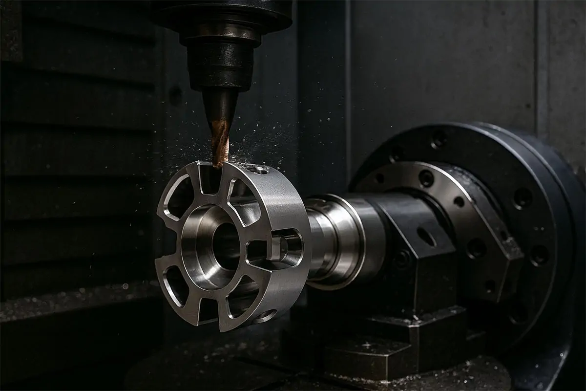 4th axis CNC machining: A-axis rotary milling for features around the circumference