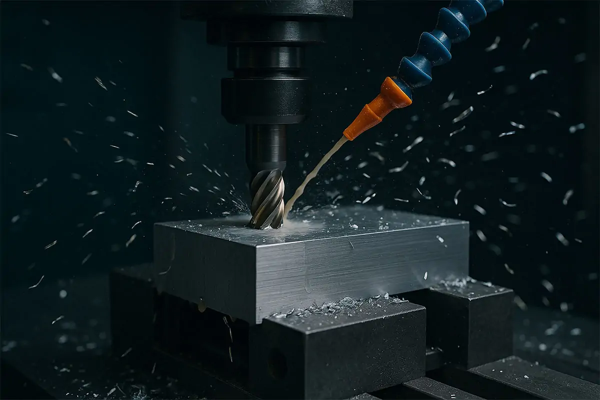 CNC milling aluminum with coolant and end mill, 3:2