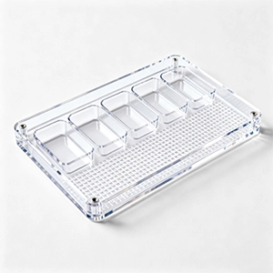 Acrylic CNC machined manifold plate with threaded ports