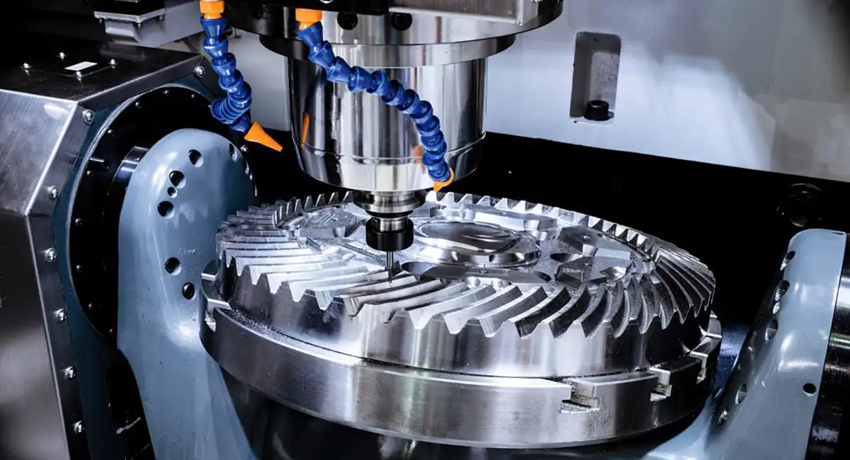High-precision CNC milling head working on aluminum workpiece