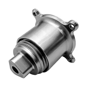 Mill-turn CNC machined flanged coupling with external threads and mounting holes