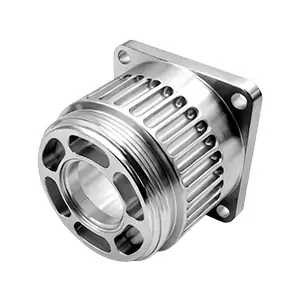 Mill-turn CNC machined flanged housing with bolt holes and deep grooves