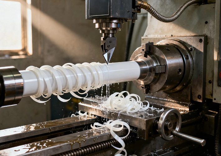 ABS CNC machining overview with O-flute end mill and air blast