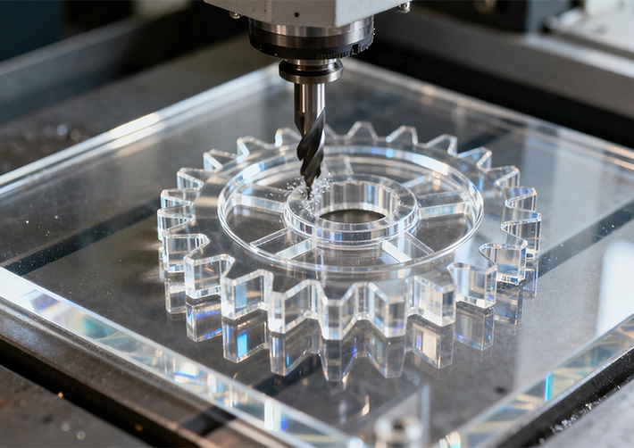 Acrylic 3/4/5-axis CNC milling with O-flute tools, vacuum fixturing