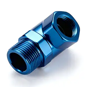 Blue E-coated CNC part with threaded design and smooth coating.