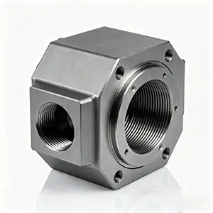 Nitrided hollow CNC machined cube part with improved wear resistance.