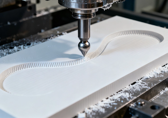 PE 3/4/5-axis CNC milling with vacuum fixturing and O-flute tools