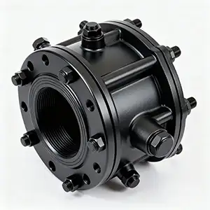 Powder-coated black gear housing with robust surface finish for heavy-duty applications.
