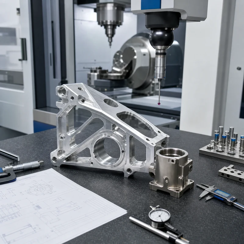 aerospace machined bracket inspected with CMM probe and precision measuring tools