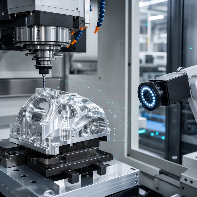 AI-assisted CNC machining cell with automated inspection camera and precision aluminum part