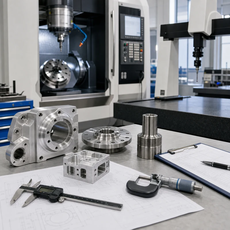 CNC machining supplier evaluation with precision parts, inspection tools, and technical drawings