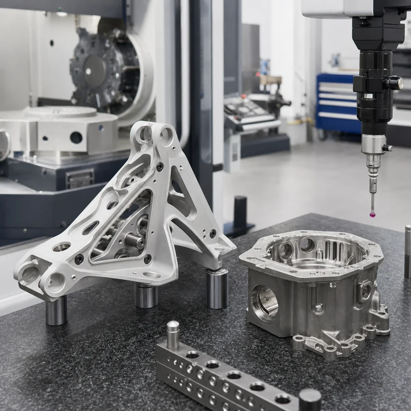 aerospace machined bracket and housing inspected on a granite metrology table