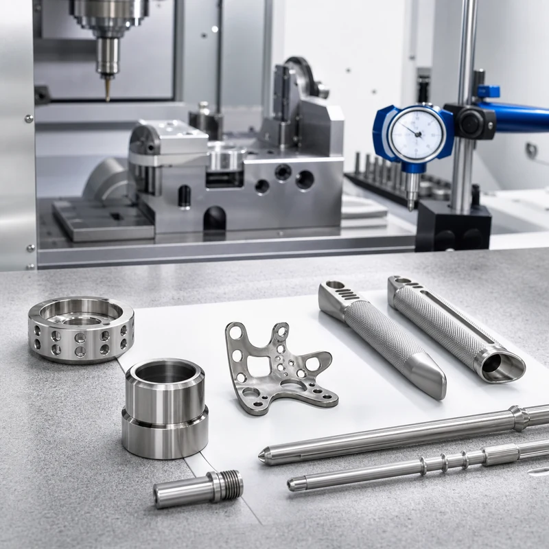 precision medical CNC machined titanium and stainless steel parts on an inspection bench