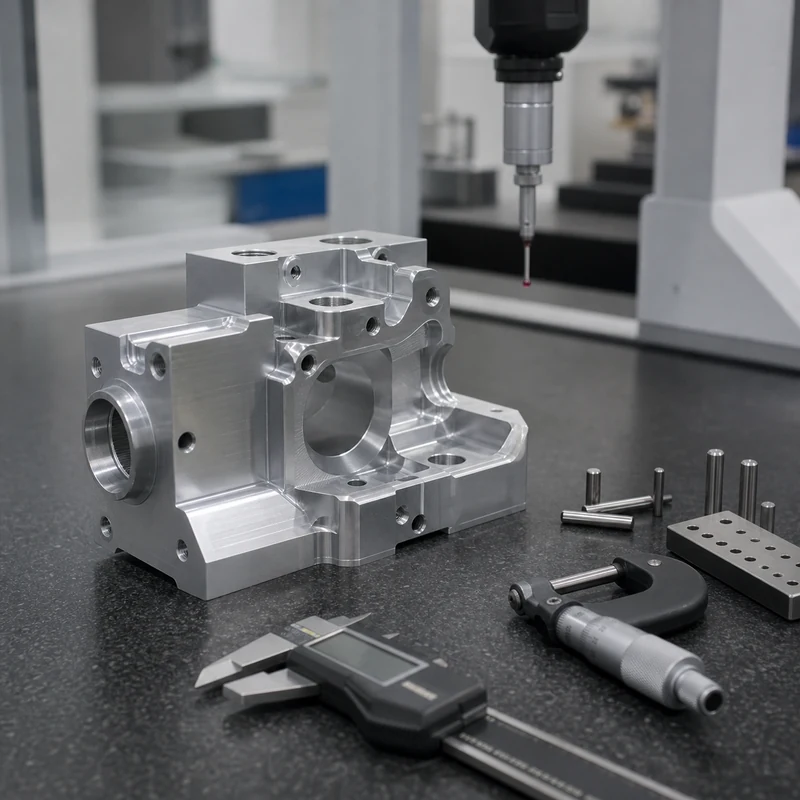 precision inspection tools checking CNC machining tolerances on an aluminum component