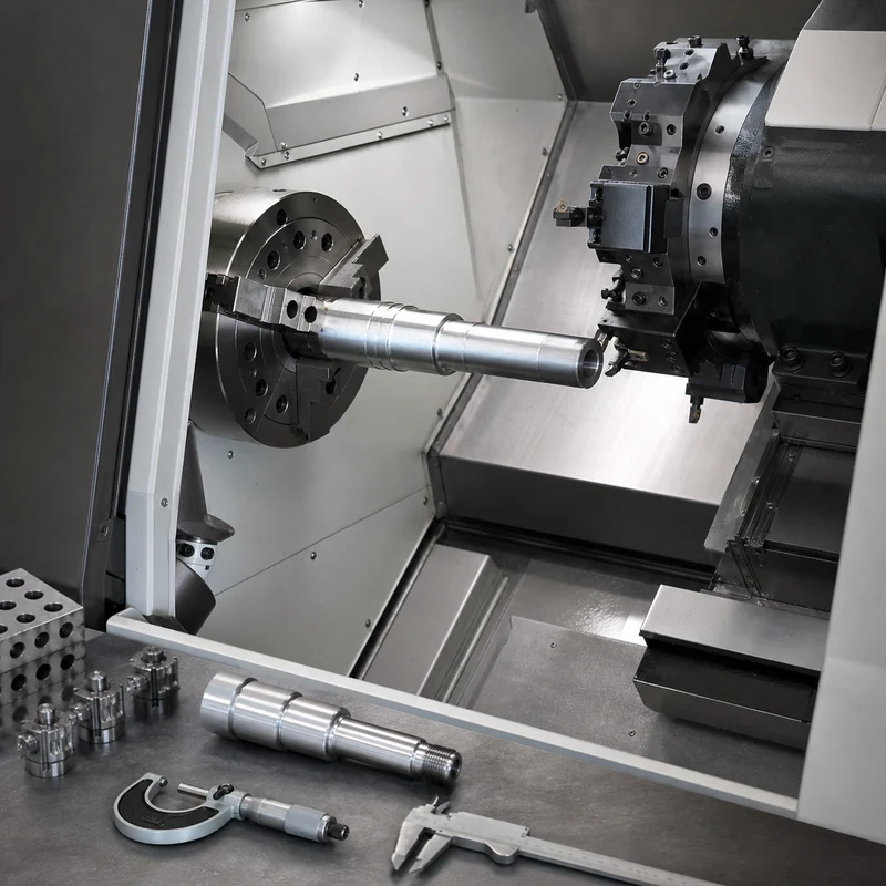 CNC turning center machining a precision shaft with turret tooling and inspection tools