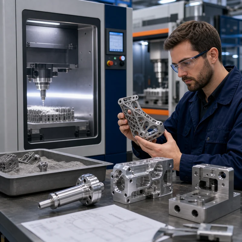 DMLS metal 3D printed lattice bracket with CNC machined metal parts in manufacturing workshop