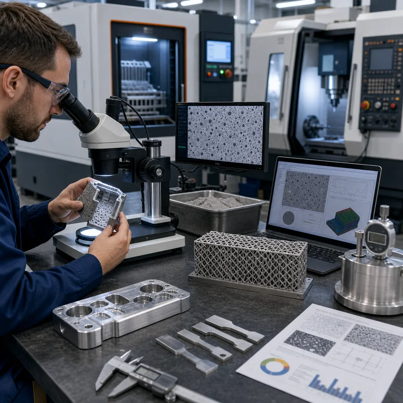 DMLS dense metal part porosity inspection with microscope and CNC machined metal samples