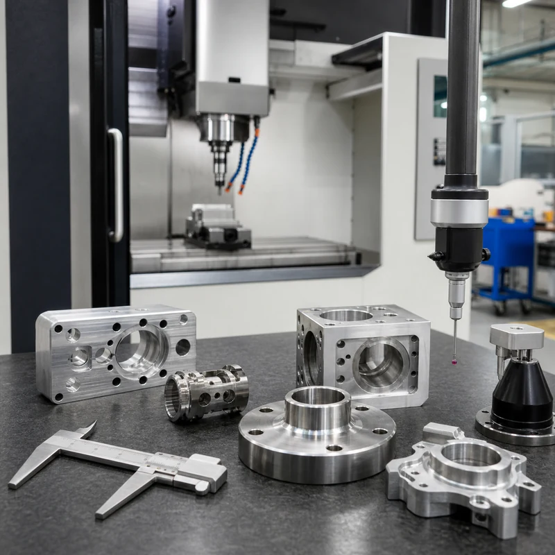 precision CNC machined metal parts and inspection tools in a modern machine shop