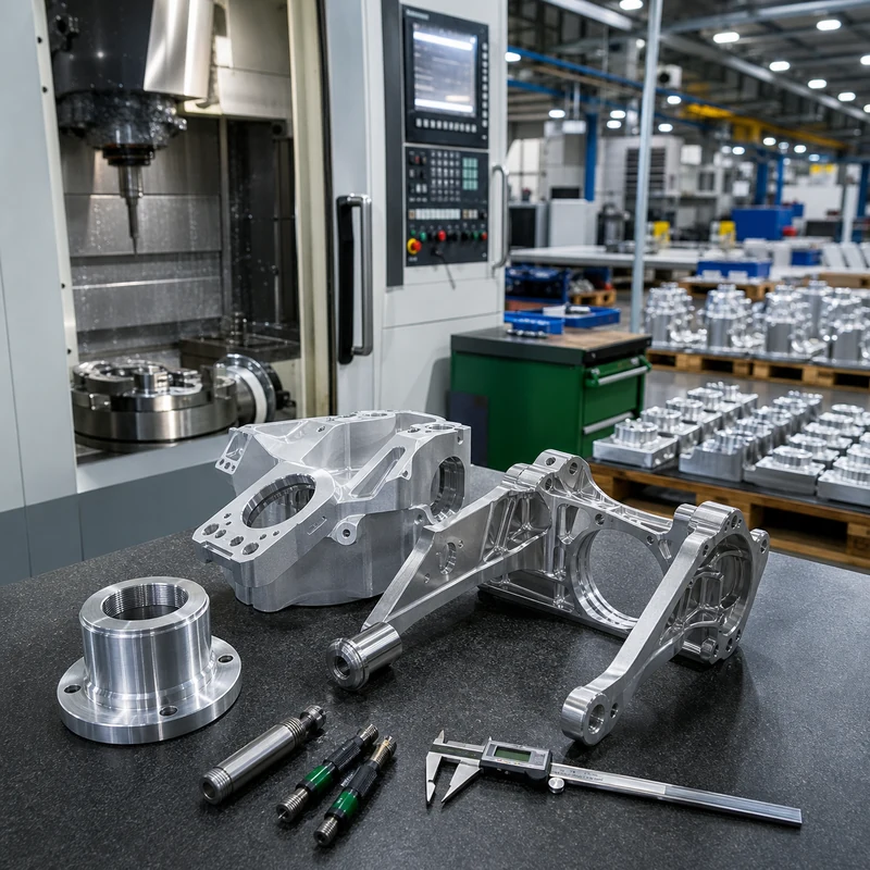 CNC machined brackets and housings on an inspection bench in a modern production shop