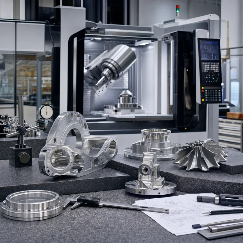 precision CNC machine shop with machined metal parts and inspection tools
