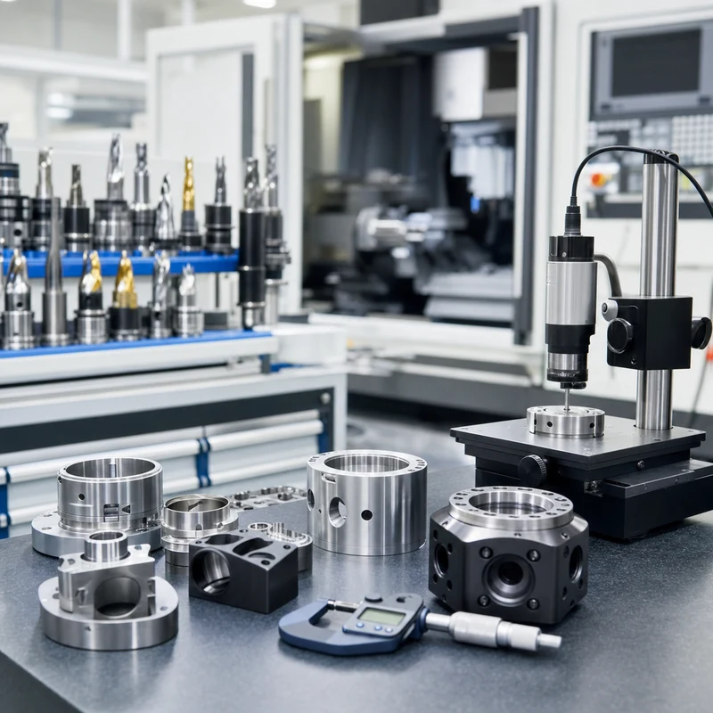 high precision machined metal parts with digital measurement tools in a clean CNC inspection area