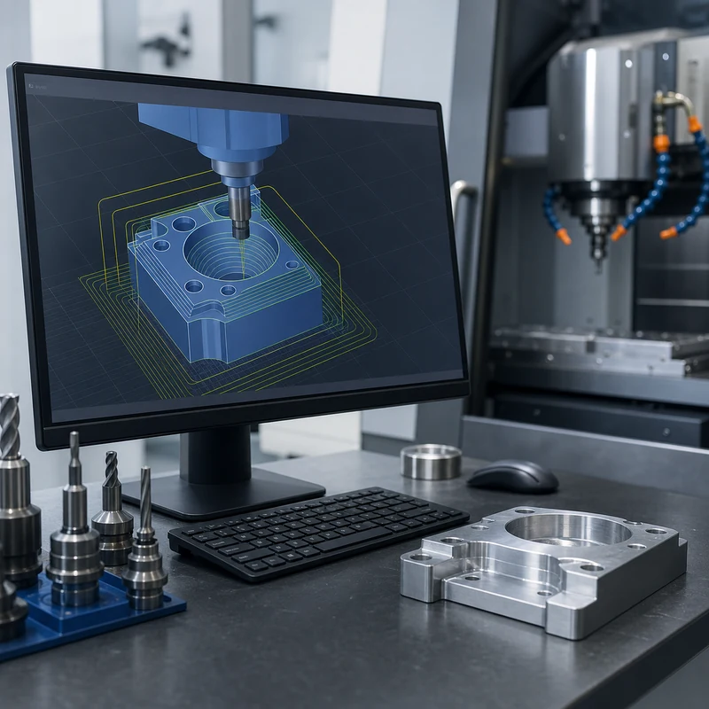CNC programming workstation with toolpath simulation beside a modern machining center