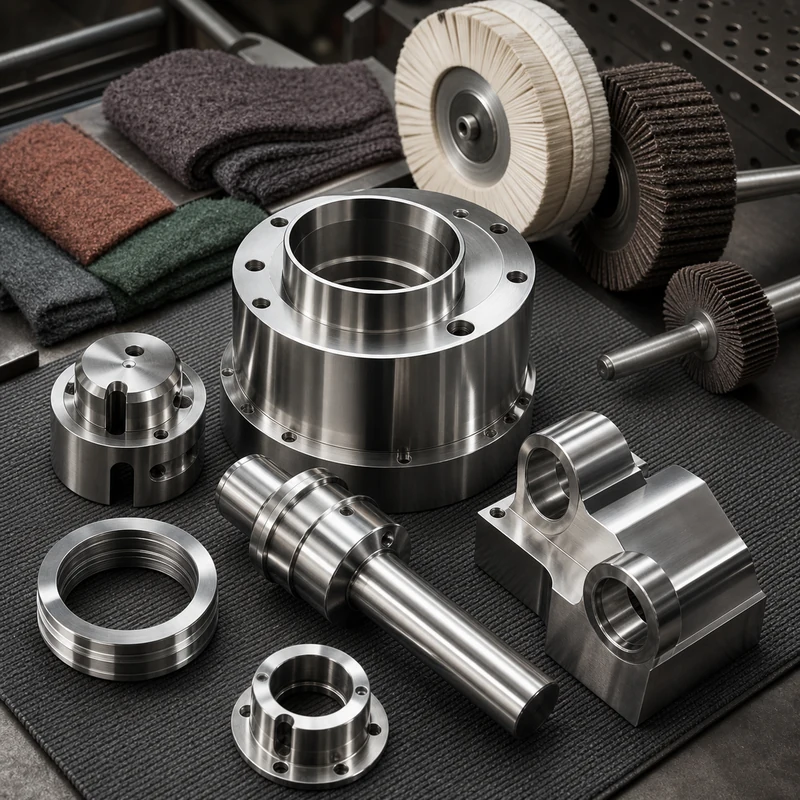 polished stainless steel CNC machined parts on a clean finishing bench