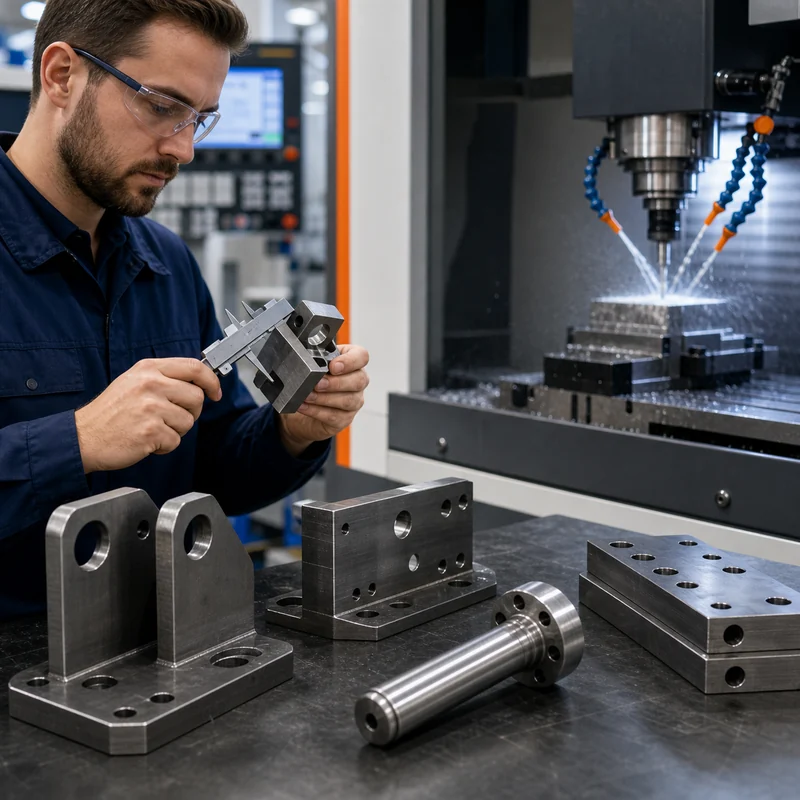 CNC machined mild steel brackets shafts and plates inspected in a machine shop