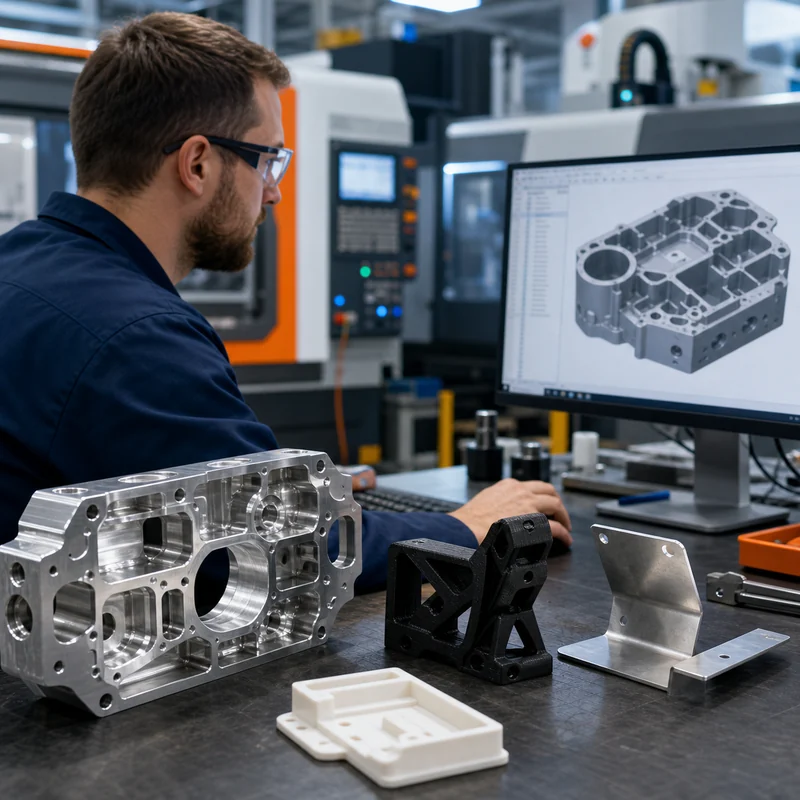 Engineer choosing rapid prototyping processes for CNC machined and 3D printed custom parts