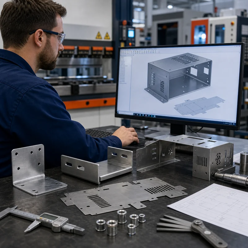 Engineer reviewing sheet metal enclosure design with bent brackets flat patterns and inspection tools