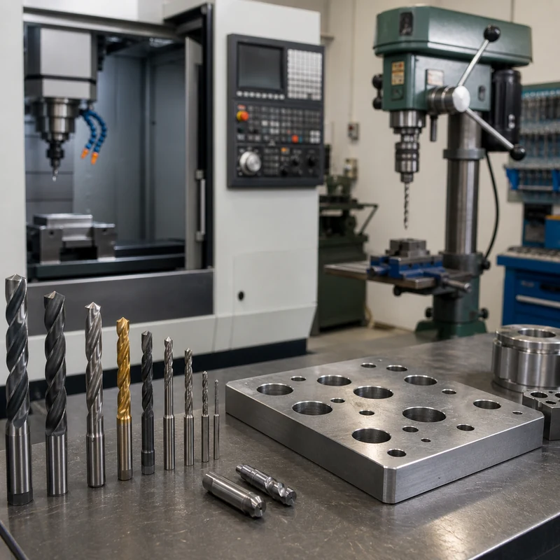 Types of drilling machines and drill tooling in a workshop