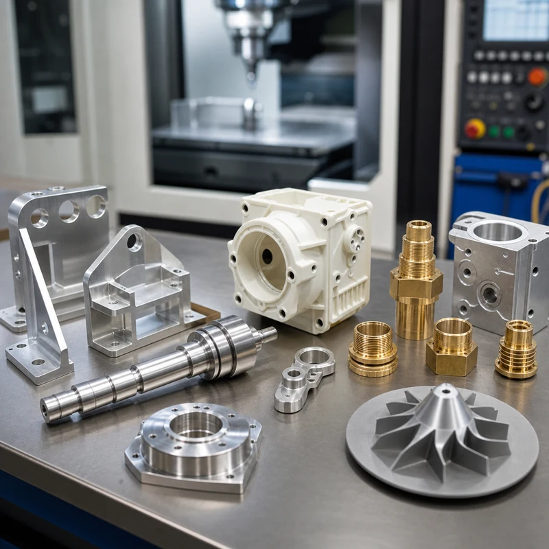 assorted CNC machined aluminum steel brass and plastic parts arranged on a clean manufacturing table
