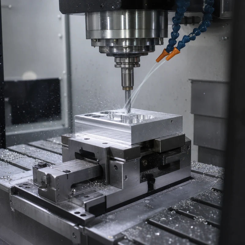 CNC milling machine cutting an aluminum workpiece in a clean enclosed machining center