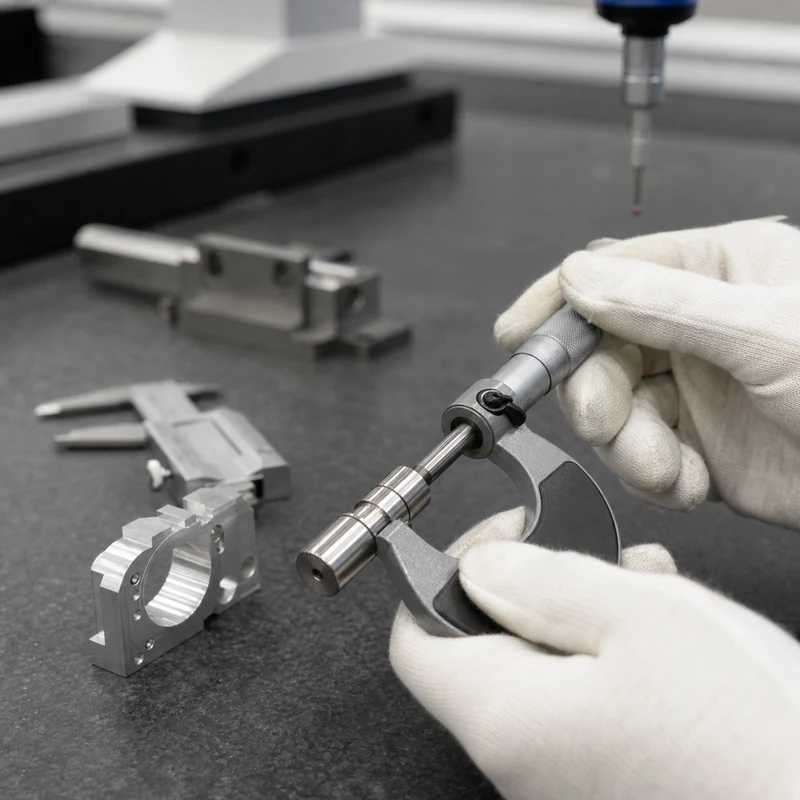 micrometer measuring a CNC turned stainless steel shaft during quality inspection