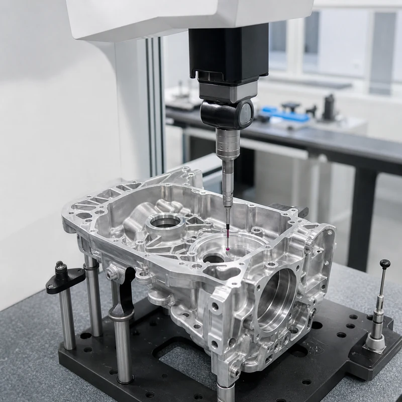 coordinate measuring machine probing a precision machined aluminum component on a granite table