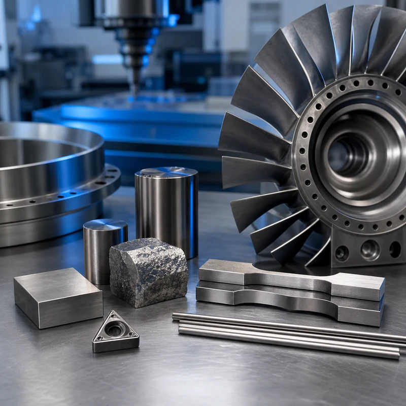 cobalt alloy samples and machined industrial components on a clean inspection bench