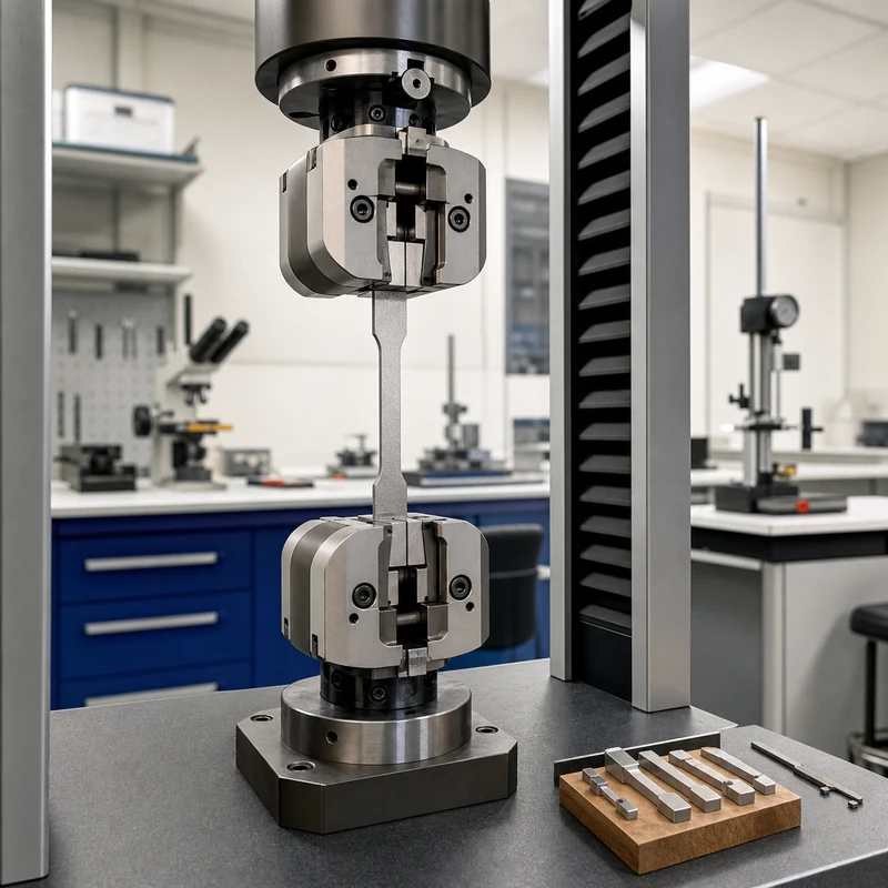 tensile testing machine checking a metal sample in a precision manufacturing lab
