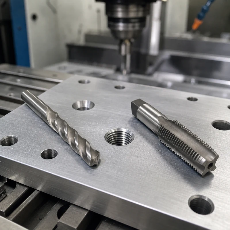 3/8-16 tap, drill, and threaded hole in an aluminum CNC fixture plate