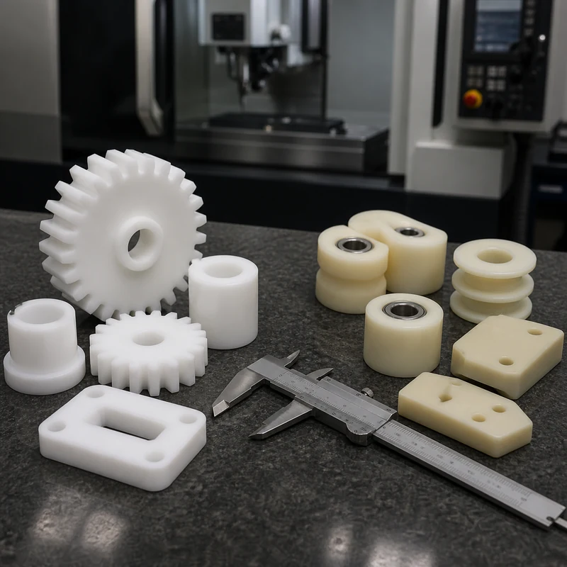 White acetal and cream nylon CNC machined parts with a caliper on an inspection bench