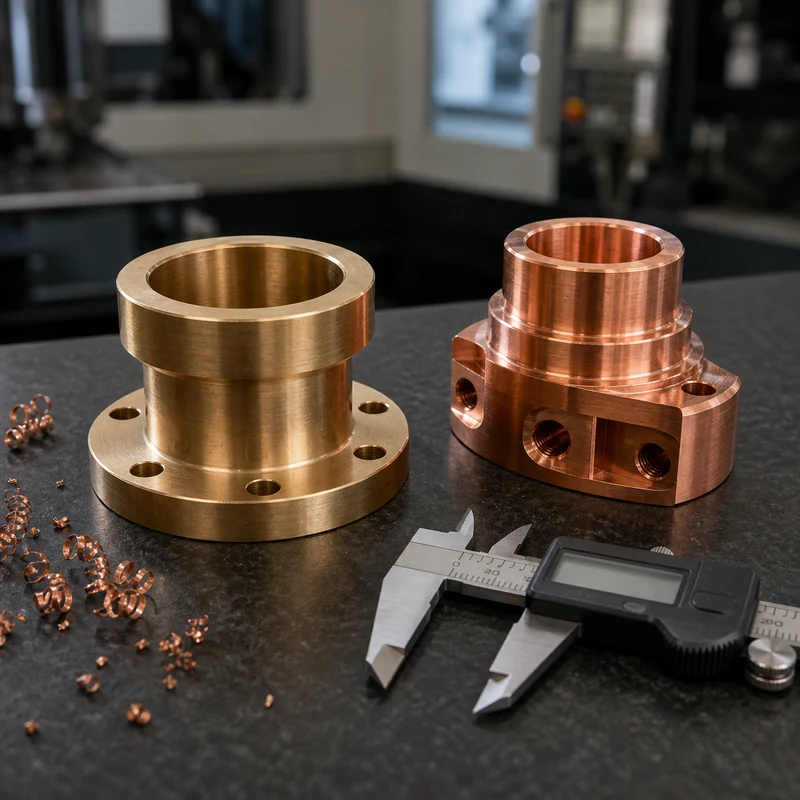 Precision machined bronze and copper components beside a digital caliper