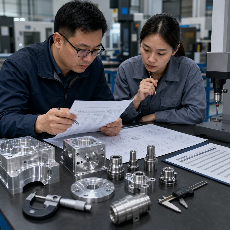 Engineer and quality inspector reviewing a CNC supplier audit checklist with machined parts and inspection tools