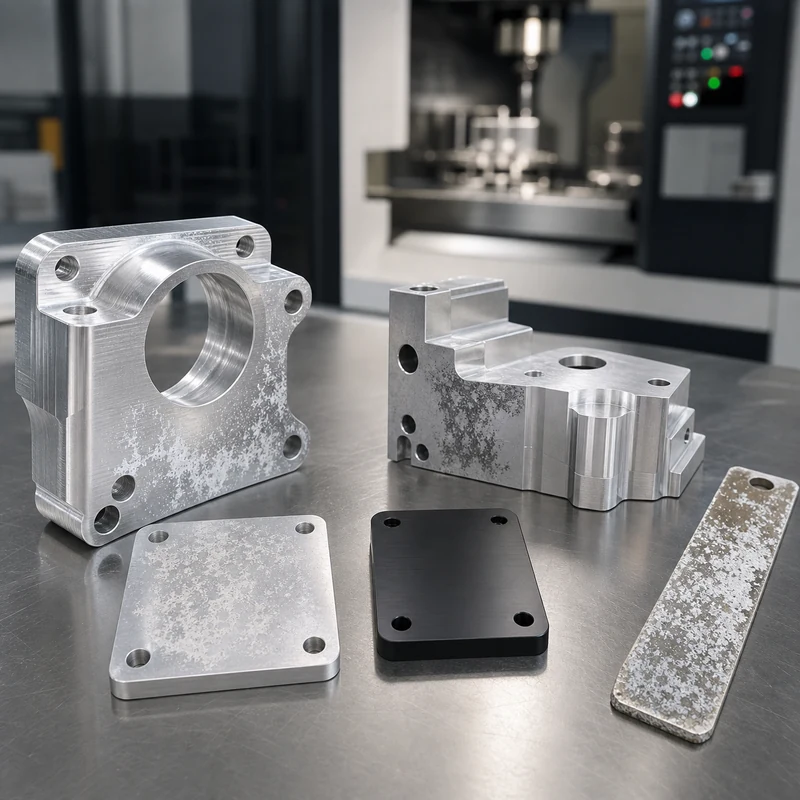CNC machined aluminum parts with oxidation and anodized samples on an industrial inspection bench