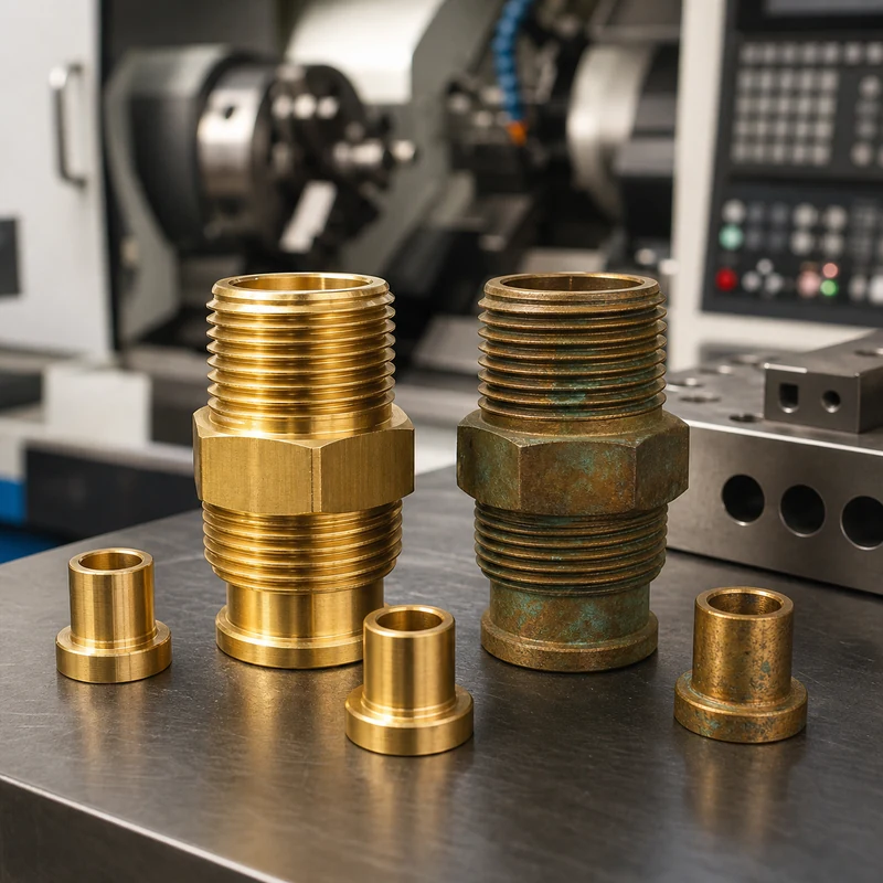 CNC machined brass fittings with polished and tarnished brass samples on an inspection bench