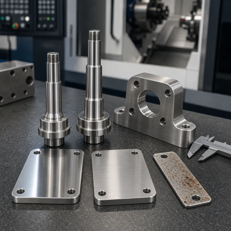 CNC machined stainless steel parts with polished samples and a small corrosion test coupon