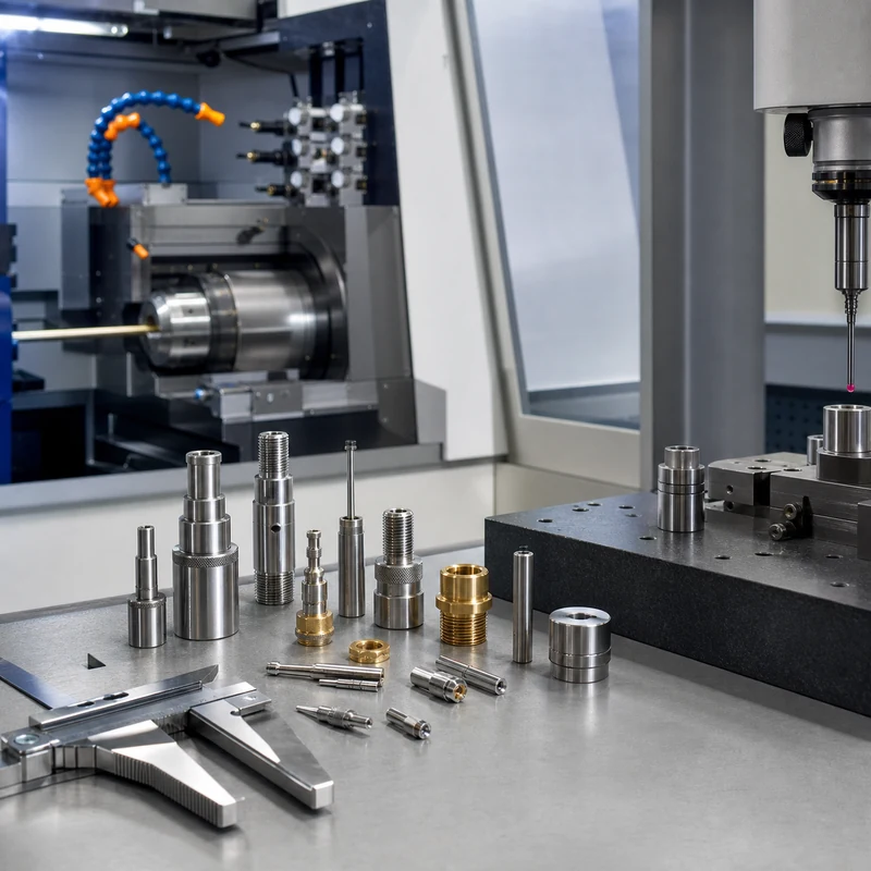 Swiss-type CNC machining setup with small precision shafts pins connectors and inspection tools