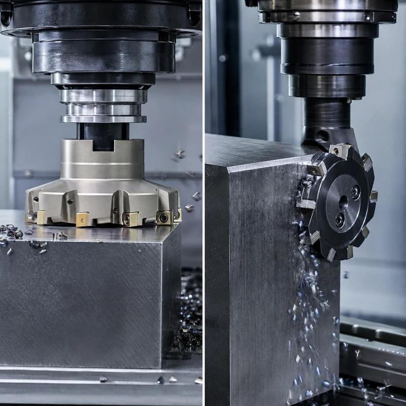 Face mill and peripheral cutter machining different surfaces of steel blocks