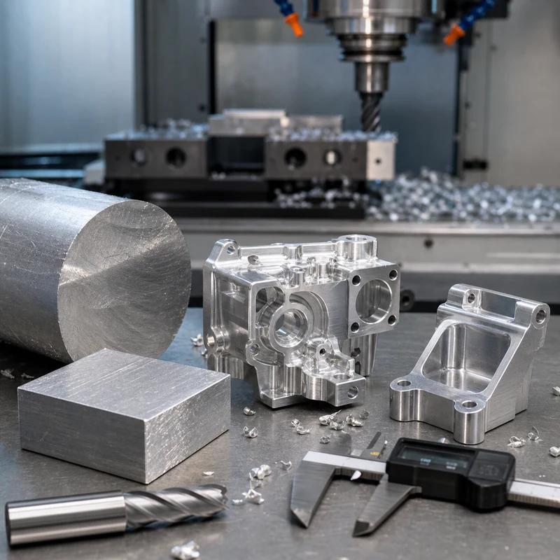 Aluminum metal samples and CNC machined aluminum parts in a precision workshop