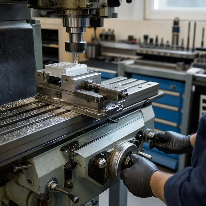 Machinist operating a manual vertical mill on an aluminum workpiece