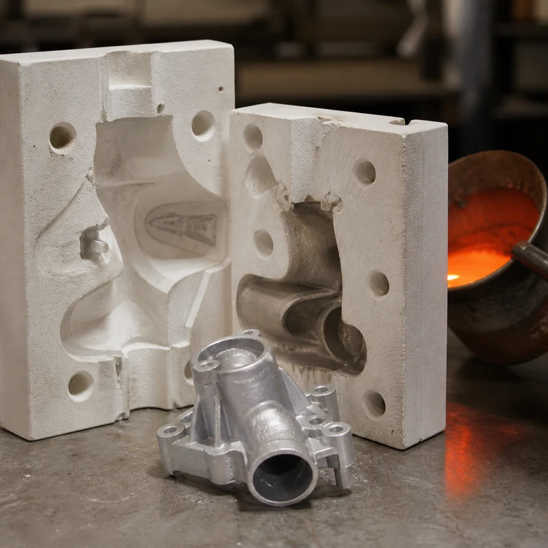 Plaster casting mold with a finished aluminum engineering component